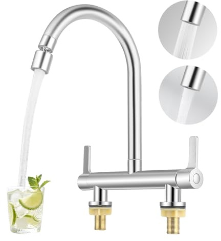 Kitchen Mixer Taps, 2 Hole Bridge Mixer Tap UK Standard, Cold and Hot Mixer Tap with 360 Swivel Spout and Dual Spray Modes, Taps Mixer Deck Mounted, Tap Sink for Kitchen Bathroom (1)
