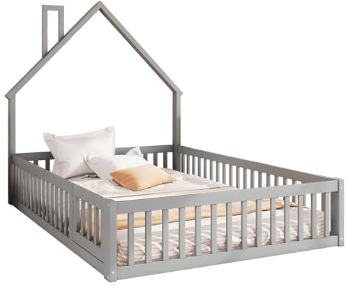 Goldicoo Montessori Cama de Suelo, 140 x 200 cm, Madera | Protección Anticaída, Con Somier, Cuna con Puerta