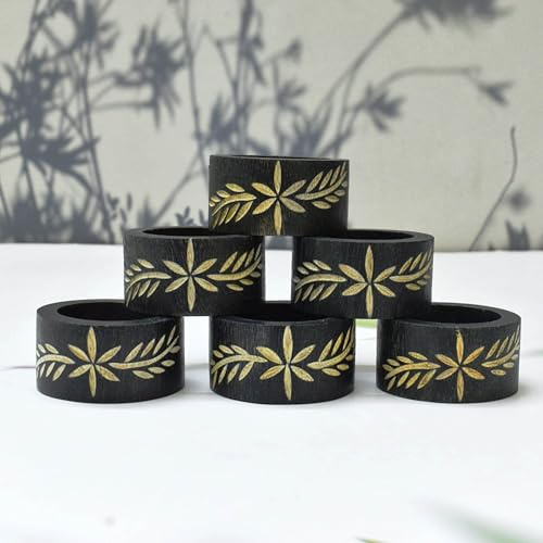 India House Lot de 6 ronds de serviette décoratifs en bois sculpté à la main pour usage quotidien - 3,8 cm - Parfaits pour la décoration de table, les dîners, les fêtes à manger, les dessus de table