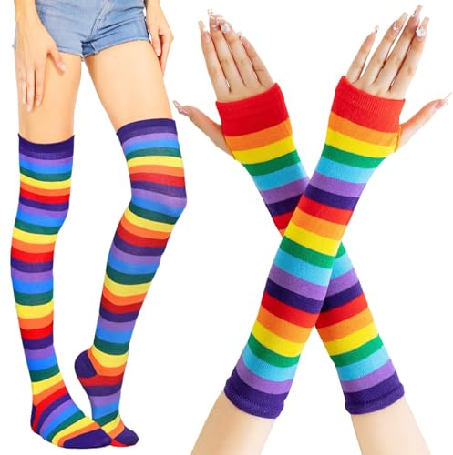CWENDANER Regenbogen High,Overknee Strümpfe Damen Mädchen,Socks Lange Socken Volleyballsocken Sportsocken mit fingerlosen Handschuhen Set für Party, Halloween Kostüme