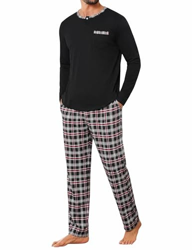 Jahetuul Pyjama Homme Long en Coton Hiver à Col Rond avec Poches | Pantalon à carreaux avec poches pratiques et taille confortable, idéal comme vêtement de nuit homme pour l’hiver.