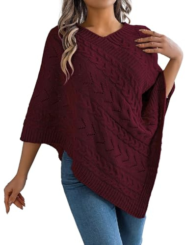 Vhersily 2025 Strick-Poncho mit Zopfmuster, V-Ausschnitt, lockere Passform, mit asymmetrischem Saum, elegant, dünn, lange Ärmel, für Herbst und Winter, für Reisen, rot, M