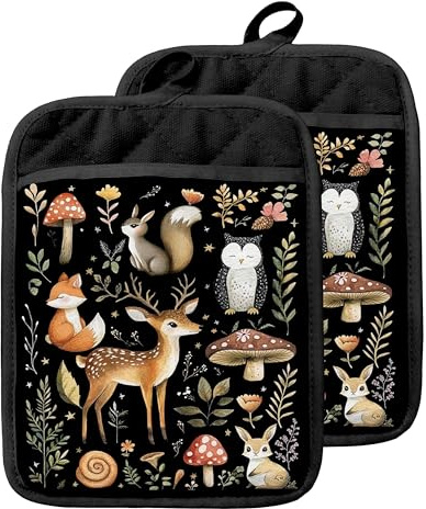 GOOZHO Cottagecore Forest Botanical Animal Pot Holders with Pockets, Rustic Mushroom Deer Fox Owl Squirrel Bunny Oven Pot Holders Heat Resistant Oven Mitts Hot Pads for Kitchen Baking Cooking