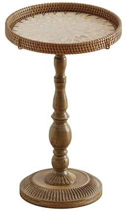 FormaCraft Rattan Round Small Side Table, Mother of Pearl Inlay Drink Table with Removable Handwoven Rattan Top and Carved Metal Pedestal, Boho Accent Table for Living Room, Bedroom (1, Vintage Gold)