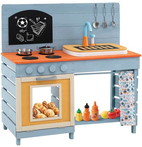 Maxmass Kids Mud Kitchen, Wooden Children Role Play Kitchen with Sink, Faucet, Chalkboard, Cutting Board, Stoves, Cooking Accessories, Outdoor Pretend Kitchen Toy Playset for 3-8 Years Old
