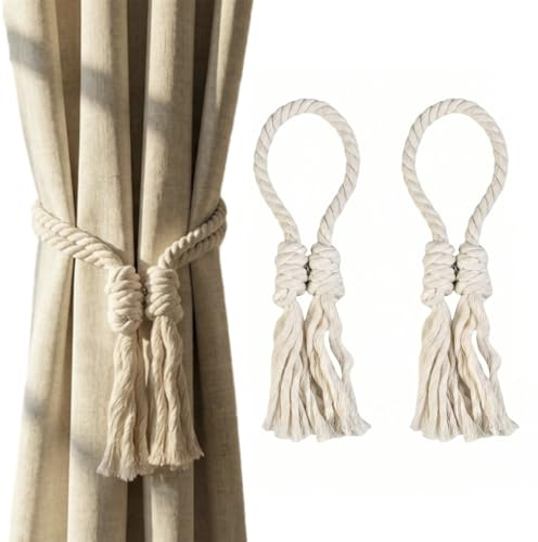 2 Stück Magnetische Vorhang Raffhalter, Handgewebt Baumwolle Gardinenhalter, Starker Magnet Boho Raffhalter für Vorhänge, Kein Bohren Gardinen Raffhalter für Wohnzimmer Schlafzimmer Deko (Beige)