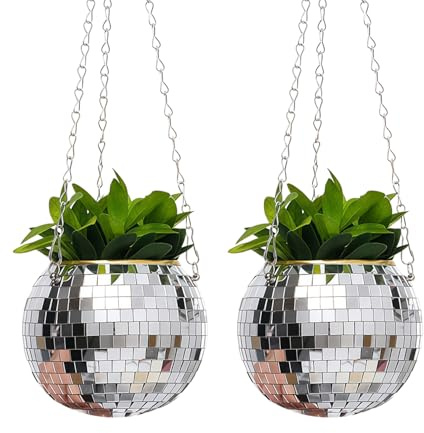 MEISH 2 Pcs Sliver Disco Ball Planter with Chain Home Boho Hanging Planter Mirror Ball Flower Pot & Multi-Functional Disco Jar for Pen Holder & Candle Holder