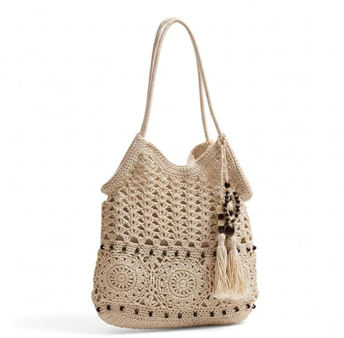 Hotainoys virkad väska med träpärlor tofsar boho strandväska för kvinnor, virkad tygväskor för semester, stor, BEIgE, M