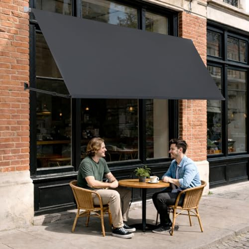 Jayseuw Fallarmmarkise Markise einziehbar 250x150cm, Stützarm 70-120cm verstellbar, 2m Perlenkette, Wandmontage, Sonnenschutz & Windschutz für Balkon Terrasse Garten, Dunkelgrau