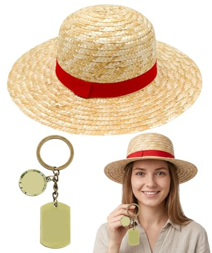 VorErgyllic Juego de sombrero de paja pirata y llavero, sombrero de protección solar de playa de verano, gorra de pirata para adultos, gorra de viaje de dibujos animados, disfraz de cosplay, llavero