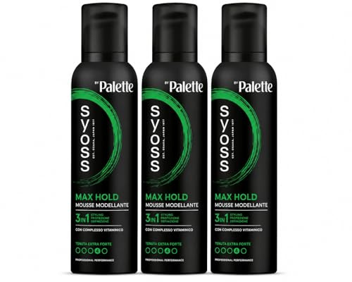 Syoss Palette Max Hold Mousse Tenuta Forte 3 x 250ml, Schiuma capelli ricci 3-in-1 che acconcia, protegge e ripara, Spuma capelli ricci con complesso vitaminico adatta per il Curly Hair Method*