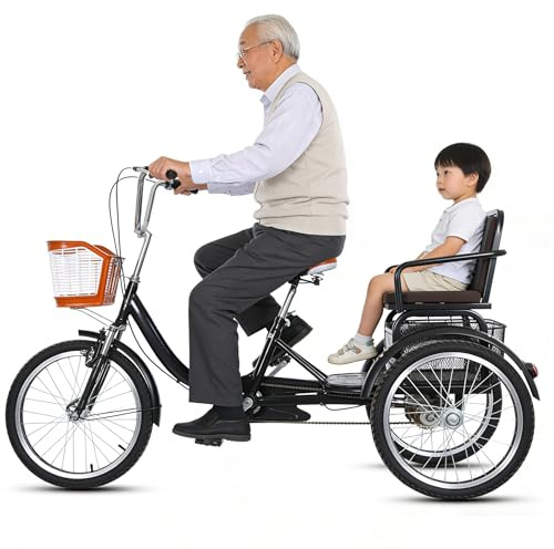 Pedaltrehjuling för vuxna, 3 hjul, 51 cm (20 tum), för seniorer, dubbelkedja och broms, förälder-barntandem med bakkorg, svart