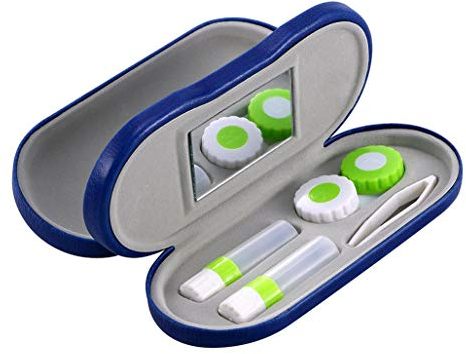 Brillenetui und Kontaktlinsenbehälter, 2-in-1, doppelseitig, mit Spiegel, tragbar für Zuhause, Reisen, Blau, Einheitsgröße