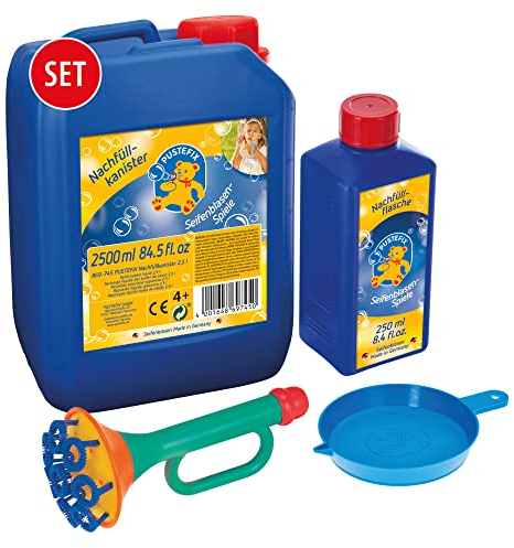PUSTEFIX Multi-Bubble-Trompete + Seifenblasenwasser Nachfüllkanister 2,5 L I Bunte Bubbles Made in Germany I Seifenblasen Spielzeug für Kindergeburtstag, Hochzeit I Spaß für Kinder & Erwachsene