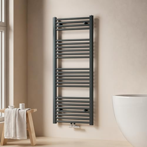 EMKE Badheizkörper 1200x500 mm - Gerade Handtuchheizkörper mit Mittelanschluss, Effizienter Handtuchwärmer Handtuchtrockner Heizkörper für Bad, Anthrazit, 513W