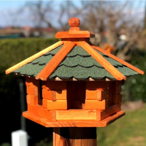 DARLUX Handgefertigtes wetterfestes Sechseck Vogelhaus aus Holz | Größe M | Vogelfutterstation, lasiert, Outdoor, Garten, Balkon, Futterhaus, Futterhäuschen (Größe M ohne Ständer, Grün - Braun)