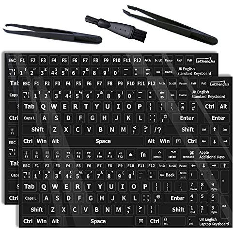 2pcs Negro IngléS Teclado Pegatinas Para Ordenadores De Sobremesa,Ordenadores PortáTiles,Apple Computer Reemplazo Del Teclado Pegatinas,Viene Pinzas Y Cepillo De Limpieza(Uk Layout,Negro Light Film)