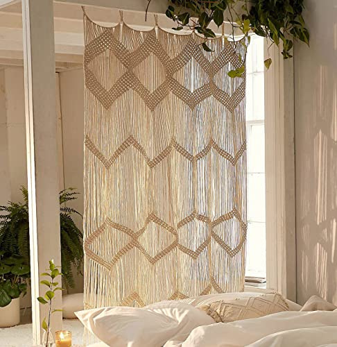 Flber Makramee-Vorhang, Fenstervorhang, Raumteiler, Türvorhang, Boho-Stil, Wandbehang, Wohn- und Schlafzimmerdekoration, 107 cm breit x 190 cm hoch | Natürliches Baumwollmaterial, handgewebtes Faser-Design, Wohnzimmer, Schlafzimmer, Privatsphäre, Raumteiler im Boho-Stil
