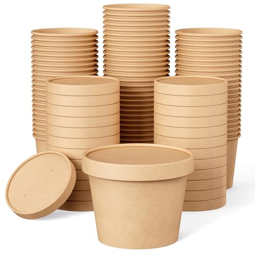 JOLLY PARTY 50pack 12oz Paper Soup Containers with Lids, Disposable Paper Food Cups, Ice Cream Cups, Food Storage with Lids, Microwavable and freezer safe, Suitable for Christmas Thanksgiving (Brown)