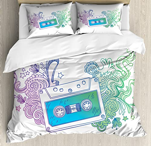 Ambesonne Hipster Duvet Cover Sets, Audio Cassette Tape with Line Art Floral Musical Old Fashion Melody Print, Bedding Set with 2 Duvet Covers & 4 Pillowcases, 2 Pack Queen Size, Blue Mint Purple