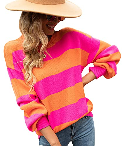 Pull Rayé Femme Hiver Chic Pullover Pull Oversize Maille Ample Fin Manche Longue Large Femme Grande Taille Pulls Tricoté Femme Chaud Pull-Over Sweater Vintage Gros Pull Tricot Personnalisable Femme