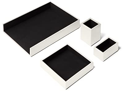 Eglooh - Atena - Schreibtisch Set Echtes Leder Weiß - Schreibtisch Zubehör mit 4 Stücken: Taschenleerer, Stiftehalter, Ablagefächer, Visitenkartenhalter - Made in Italy