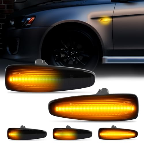 D-Lumina LED Side Marker Light Assembly Smoked Lens Sequential Blink Amber for Mitsubishi Lancer Evolution X Mirage Outlander Sport Front Fender Side Marker Lamp, Replace OEM Sidemarkers, Pack of 2