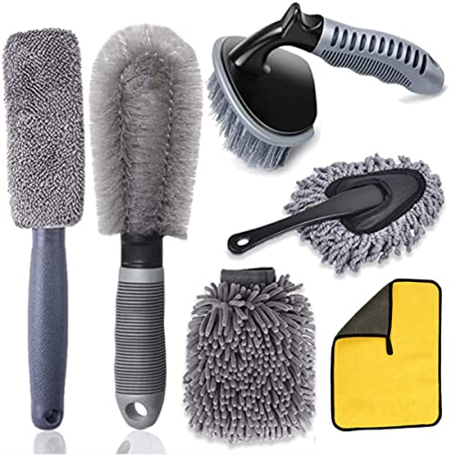 Auto-Reifen-Reinigungsbürsten-Set, 6-teiliges Auto-Staubwedel-Set, Auto-Detail-Bürsten-Set, Innen- und Außenreinigungswerkzeuge (Räderbürste, Staubwedelbürste, T-Typ-Reifenbürste, Felgenbürste)