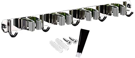 Tyenaza Besen-Mopp-Halter, Wandhalterung, 4 Gestelle Und 5 Haken, Stanzfreier Edelstahl-Besen-Organizer, Aufbewahrungswerkzeug Für Zuhause, Küche, Garten, Garage, Landwirtschaft(Grau)