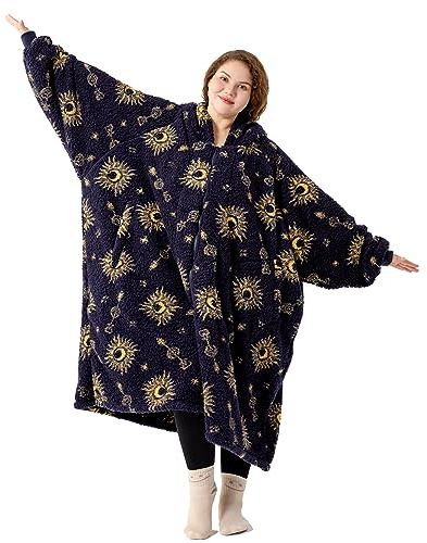 Winthome Plus size Blanket Hoodie for 90-150kg Women Men Adults, 6XL Oversized Sherpa Wearable Blanket with Lengthen Zipper (Blue Sun)