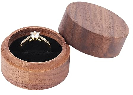 FINGERINSPIRE Round Wood Ring Box with Black Velvet Inside - 4.9x3.5cm Coconut Brown Wooden Jewelry Ring Box for Proposal, Engagement, Wedding, Valentine's Day
