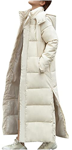 SMIDOW Women's Long Quilted Coat Fashion Ladies Maxi Length Winter Thickened Hooded Puffer Jacket Side Slit Button Outwear winter jacket for women 2023 Beige 2X