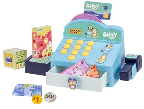 Bluey Cash Register. Press The Buttons to Hear Beeps, Sounds and Phrases From and Bingo, Use the Scanner to Scan Packages and Pretend to Run a Shop, Includes Toy Credit Card and Dollar Bucks!