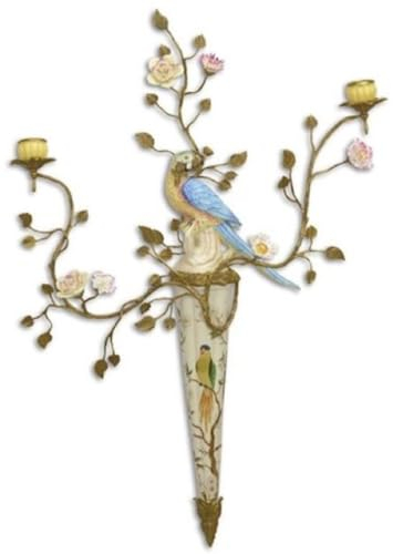 Casa Padrino Jugendstil Wandkerzenhalter Papagei Mehrfarbig/Messing 55 x H. 79,2 cm - Porzellan Wand Kerzenhalter - Barock & Jugendstil Wanddeko