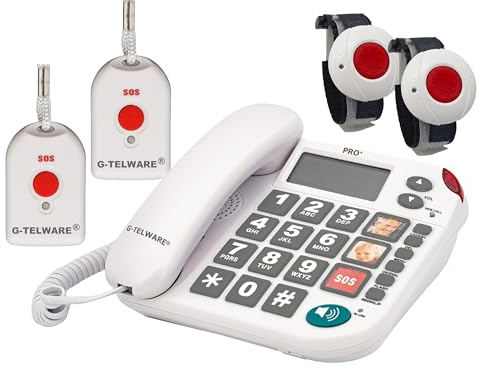 G-TELWARE PRO (Weltneuheit) Silence SOS Technik/SOSParam.einstellb./2023-2024er Modell Haus Notruf Seniorentelefon mit FunkSOS-Sender - 2 Armbandsender + 2 Handsender mit Schlaufe, Satingrau, PRO+