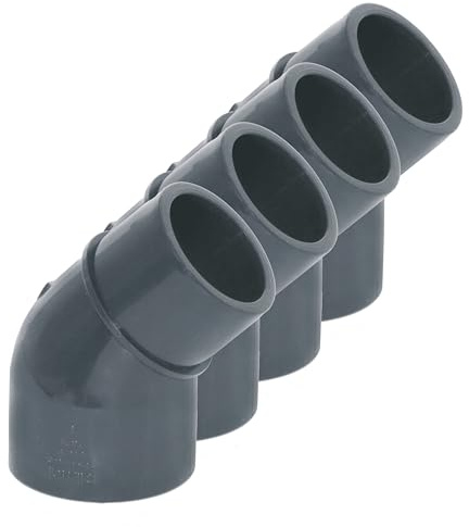 HAF 4 raccordi in PVC ad angolo di 45° ridotto di 50 mm x 40/50 mm, manicotto adesivo x manicotto adesivo, connettore angolare in PVC-U grigio, PN16 per tubi in PVC, raccordo per piscina, tubi di