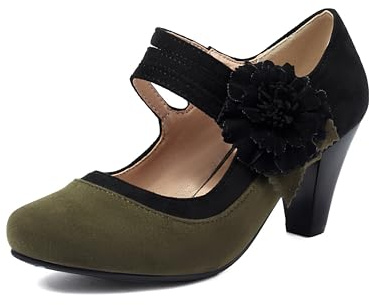 elerhythm Scarpe da donna Mary Jane con fiore, cinturino alla caviglia, tacco vintage, stile anni 1920, pumps con punta chiusa e tonda, anni 1950, vittoriane, scarpe retrò, verde, 37 EU