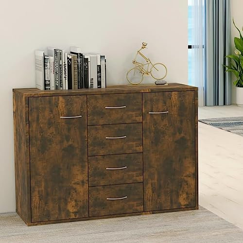 FOZICV Sideboard Räuchereiche 88x30x65 cm Holzwerkstoff Minimalistischen Stil Schlafzimmer Lagerschrank mit 4 Schubladen und 2 Türen Schubladenschrank Wohnzimmer Starke Tischplatte
