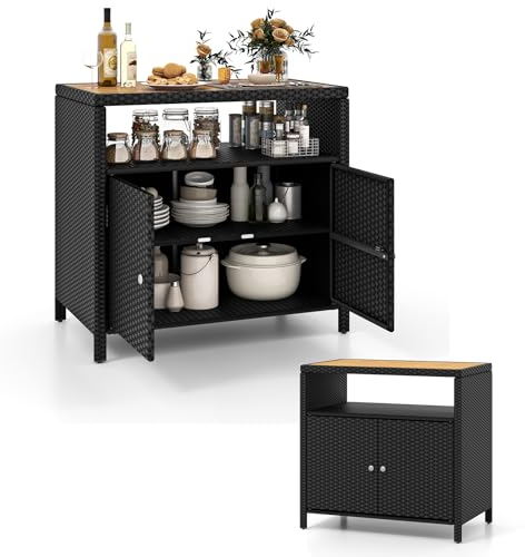KOMFOTTEU Armadio da Esterno Impermeabile in Rattan, Armadietto Basso con Piano di Lavoro in Legno e Ripiano Aperto, Credenza da Cucina, Balcone, Giardino, Corridoio, 90 x 53 x 86 cm (Nero)