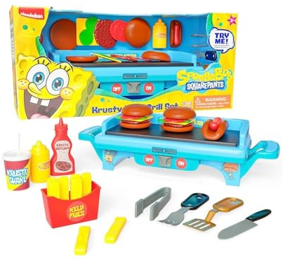 SpongeBob SquarePants Krusty Krab Toy Grill for Kids Lights & Sounds Krabby Patty Burgers, Kelp Fries, Pretend Plastic BBQ Cooking Toys for Toddlers