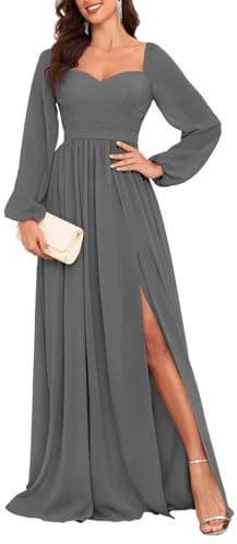 HPPEE Abito da damigella d'onore a maniche lunghe da donna per matrimonio pieghettato una linea in chiffon abito formale con spacco, grigio, 44