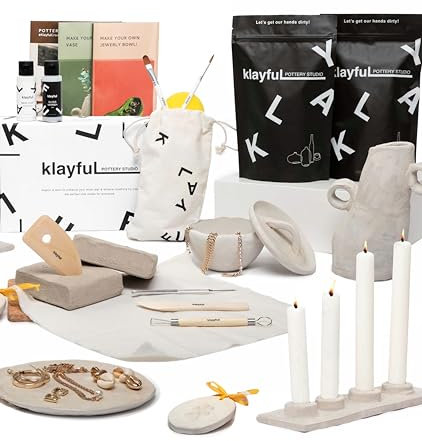 Klayful-Töpferset für Anfänger | Lufttrocknendes DIY Set für Erwachsene | 3kg of ton,Werkzeuge,Acrylfarben,Pinsel, Dichtmittel,Anleitung (3 kg Ton Weiß – Ohne Farben)