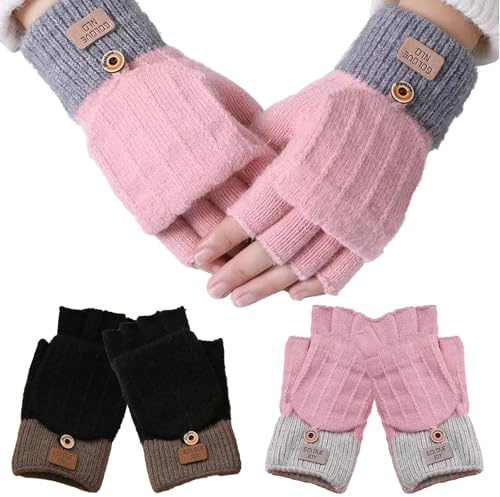 Scettar 2 Pares Guantes sin Dedos para Mujer/Hombre, Guants de Invierno Térmicos, Convertibles Manoplas de Punto de Guantes-sin Dedos con Cubierta(Negro y Rosa)
