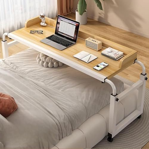 XONJEMU Overbed Table,Mobiler Schreibtisch,Über-Betttisch Auf Rollen Höhenverstellbar/breitenverstellbar,Pflegetisch,Laptoptisch,Bettbeistelltisch(Color:Holz)