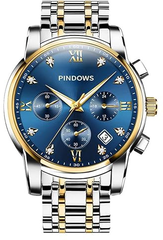 PINDOWS Uhren Herren Retro Zweifarbig Edelstahl Quarz Armbanduhr | Modische Business-Uhr. 30M wasserdicht, Leuchtzeiger, römisches Zifferblatt mit Diamanten und verborgene Faltschließe