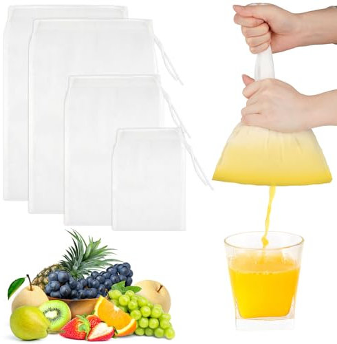 Nussmilchbeutel, 4 Stück Passiertuch Wiederverwendbar, 3 Größe Feingewebt Passiertuch Nylon Filterbeutel Nussmilchbeutel Bio Waschbar mit Kordelzug für Nussmilch Käse Kaffee Joghurt Fruchtsaft