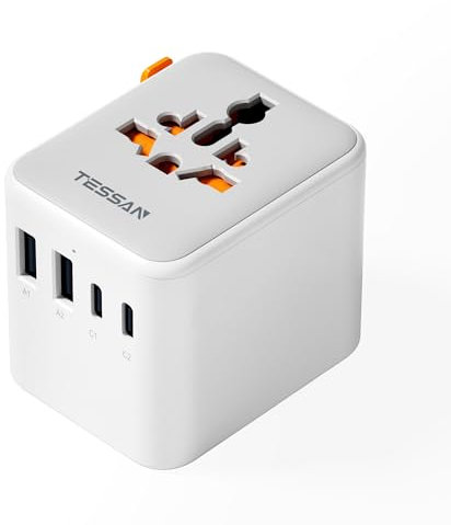 TESSAN Universal Travel Adapter, Travel Plug Adapter Worldwide with 1 Universal AC Outlet 4 USB Ports (2 USB C), International Plug Adaptor for UK to Europe USA Australia (Type C G A I) Grey White