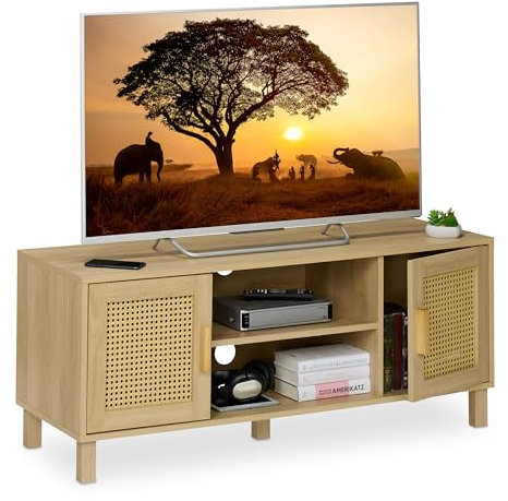 Relaxdays Mobile per TV, Design in Rattan, Mobiletto Porta Televisore 50 Pollici, HLP: 48x115x40 cm, Tavolo Basso Legno, Fibra