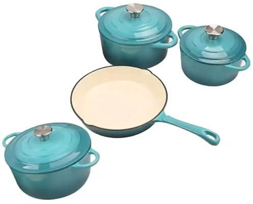 MY HOMIE Enamel Cast Iron Dutch Oven and Saucepan Set with 7 pcs Non Stick Pans Set, 3 Small Medium Large Dutch Ovens with Lid and 1 Sauce Pan, Gas Induction Cooker Compatible Cookware - Light Blue