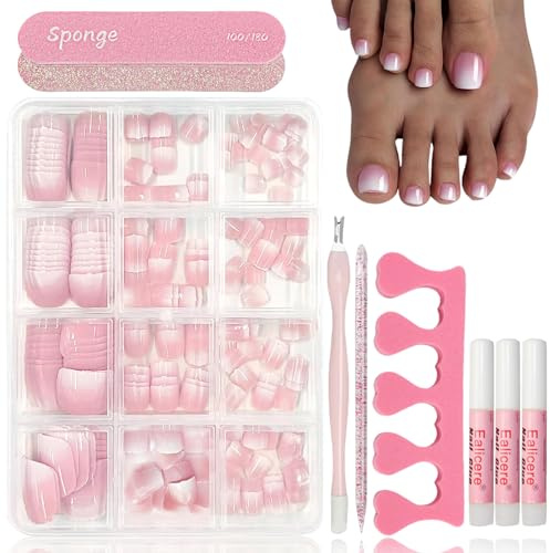 Virellay 240 Stück Fussnägel zum Kleben Set, Rosa Gradient Natürliche Square Kurze Fußnägel Tips mit Kleber, Full Cover Künstliche Fussnägel Selbstklebend für Frauen DIY (Lila, 240 Pcs)